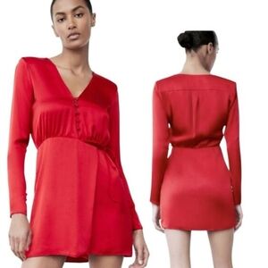 NWT Zara Red Satin Soft Wrap Dress L Button Up Tie Waist Lined.